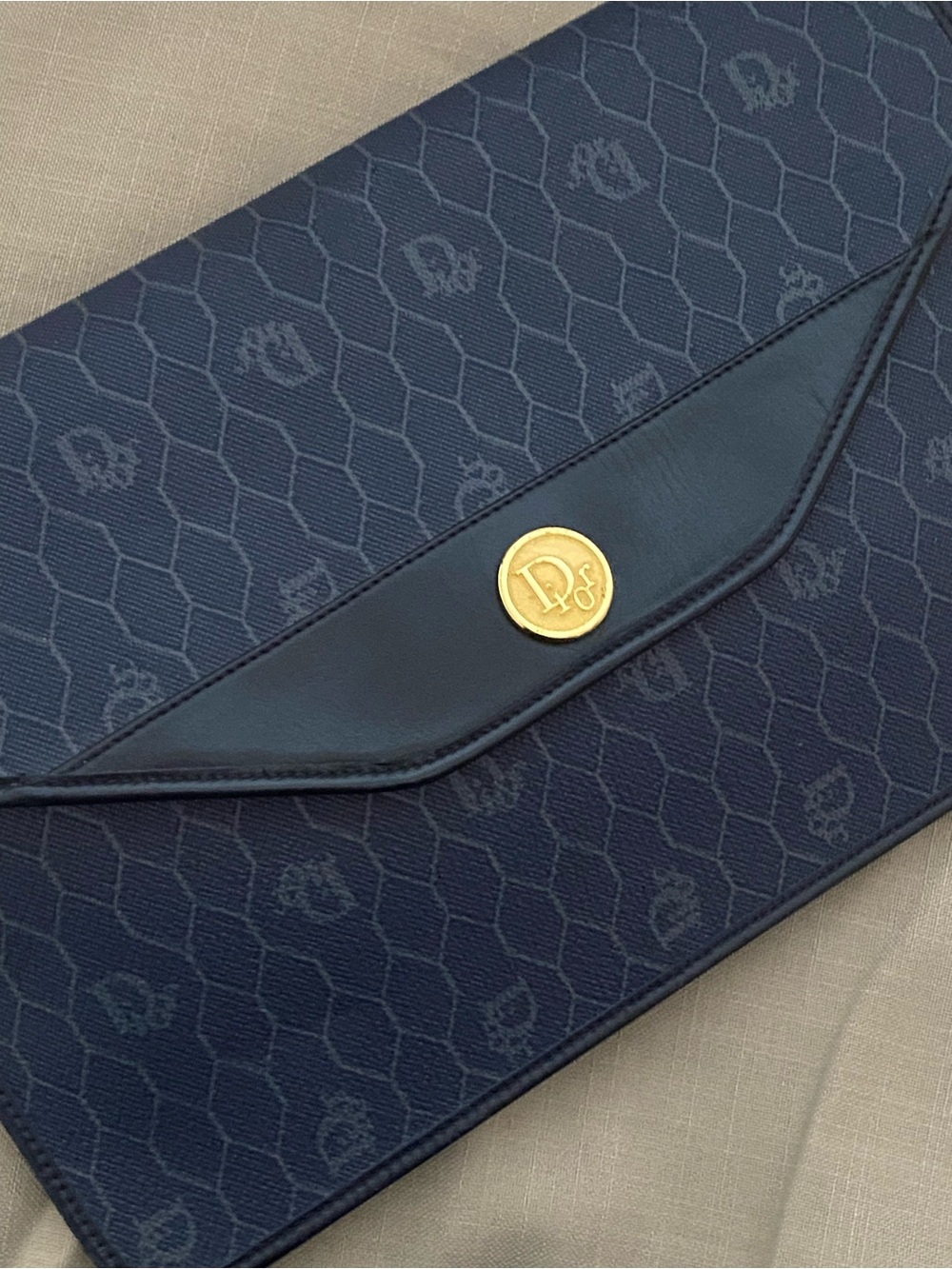 Vintage DIOR Oversized Clutch Bag Wallet Navy Honeycomb Chain Added